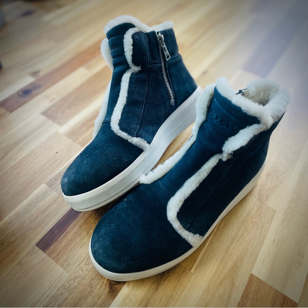 PRADA | 38 / 8 | Linea Rossa Sport Shearling-Trimmed Suede High-Top Sneaker Boot